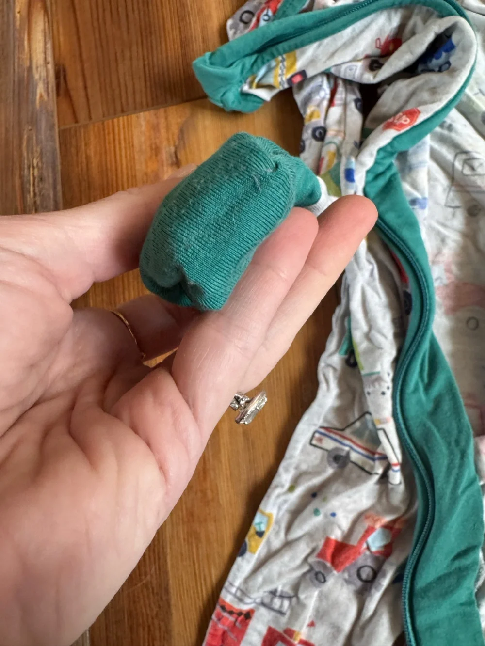 Little sleepies - 12-18 month - Footed Pajama - Teal Trim with Multicolor Trucks